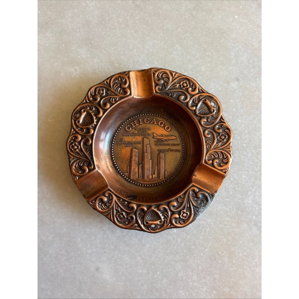 Vtg. Chicago,Travel Souvenir 3-Finger Ornate Coppercraft Metal Ashtray USA